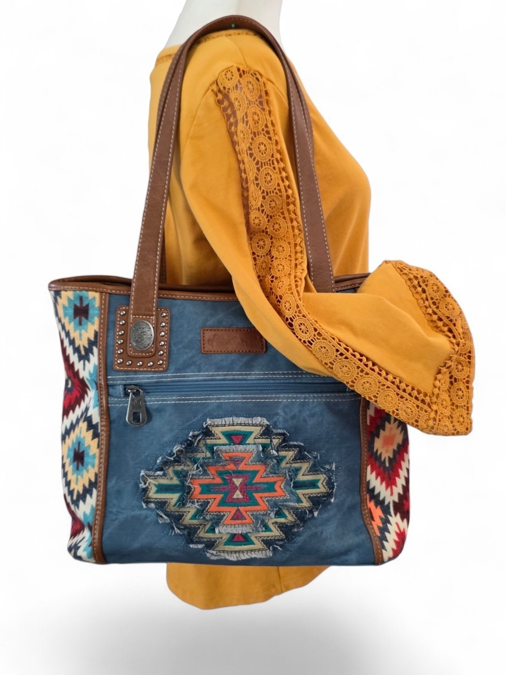 Montana West Southwestern-Style Blue Canvas Tote with Multicolor Aztec Trim